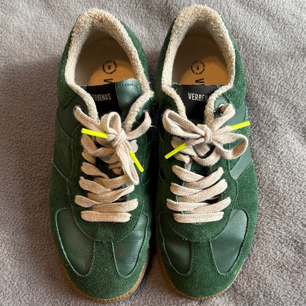 Verbenas Sz 38 Green Leather Sneakers with Cream Laces